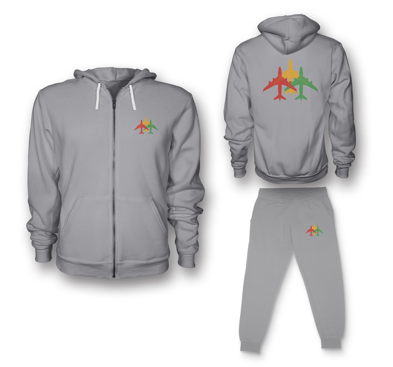 Colourful 3 Airplanes Designed Zipped Hoodies & Sweatpants Set
