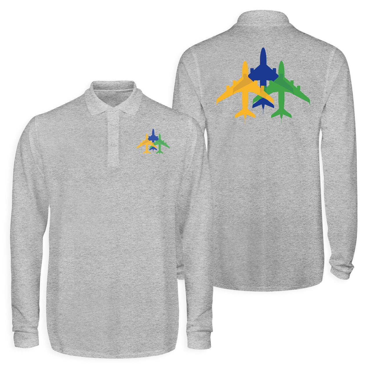 Colourful 3 Airplanes Designed Long Sleeve Polo T-Shirts (Double-Side)