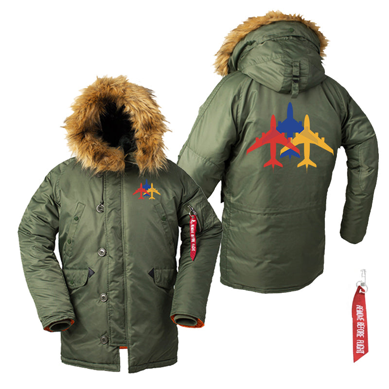 Colourful 3 Airplanes Designed Parka Bomber Jackets