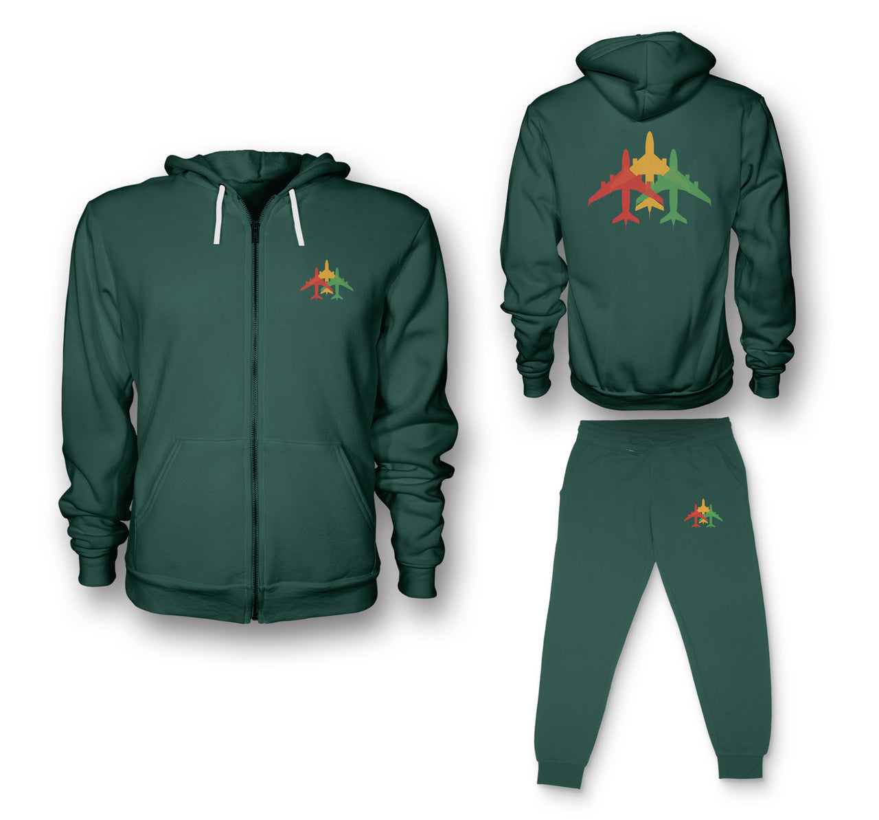 Colourful 3 Airplanes Designed Zipped Hoodies & Sweatpants Set