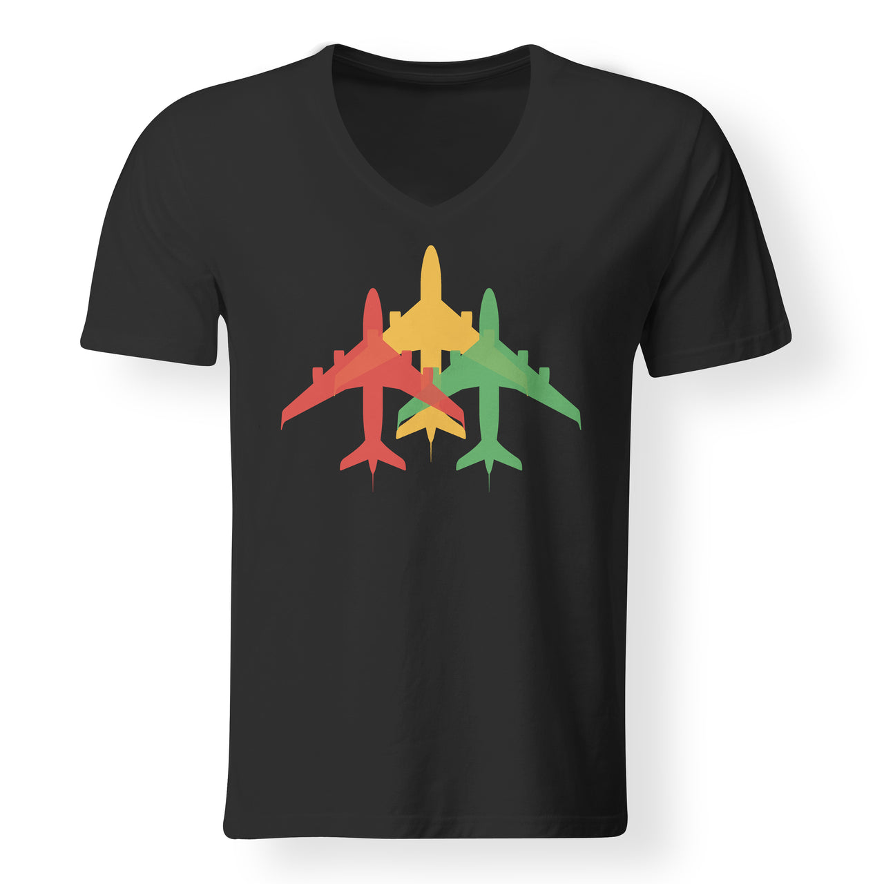 Colourful 3 Airplanes Designed V-Neck T-Shirts