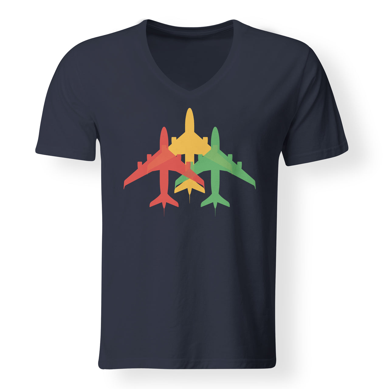 Colourful 3 Airplanes Designed V-Neck T-Shirts