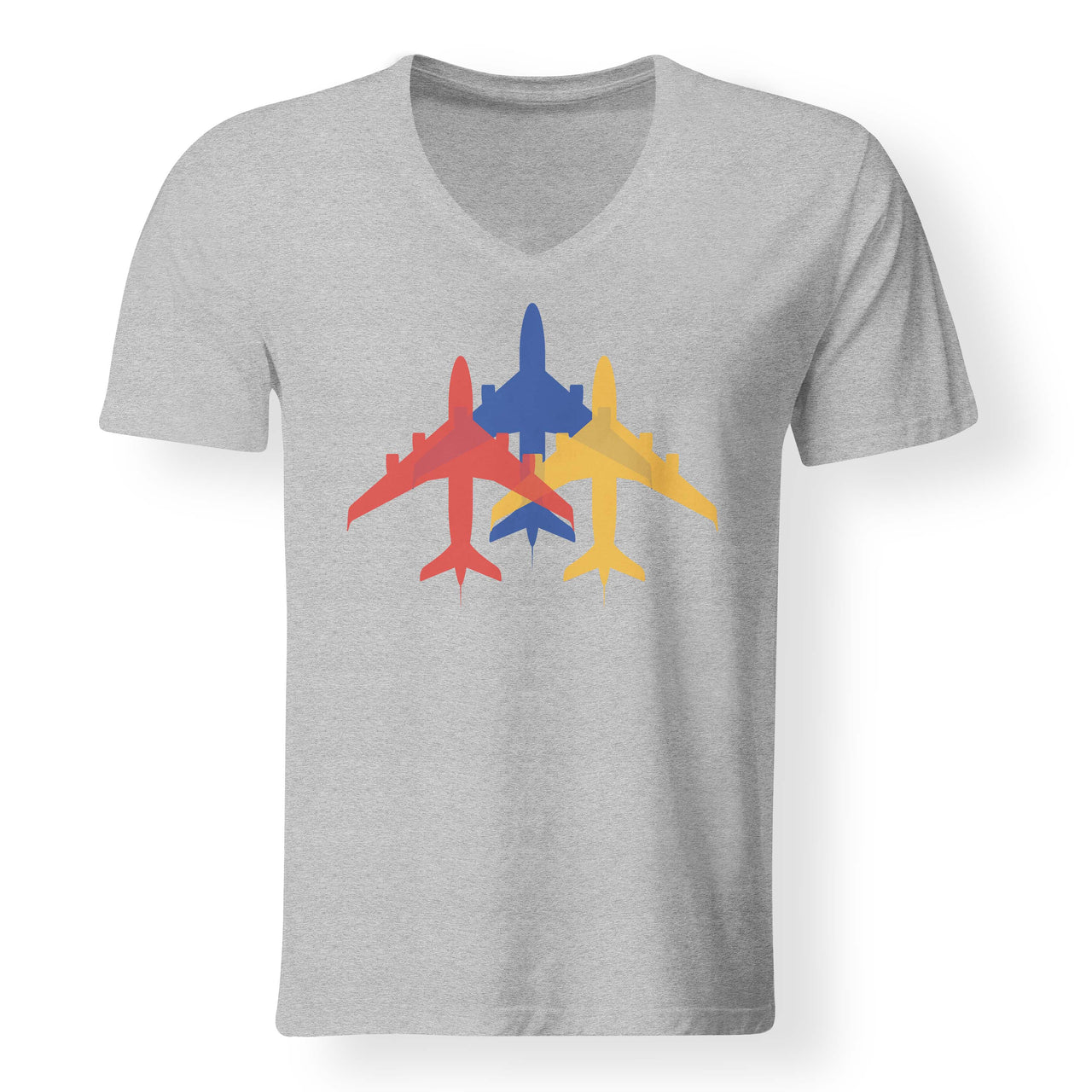 Colourful 3 Airplanes Designed V-Neck T-Shirts