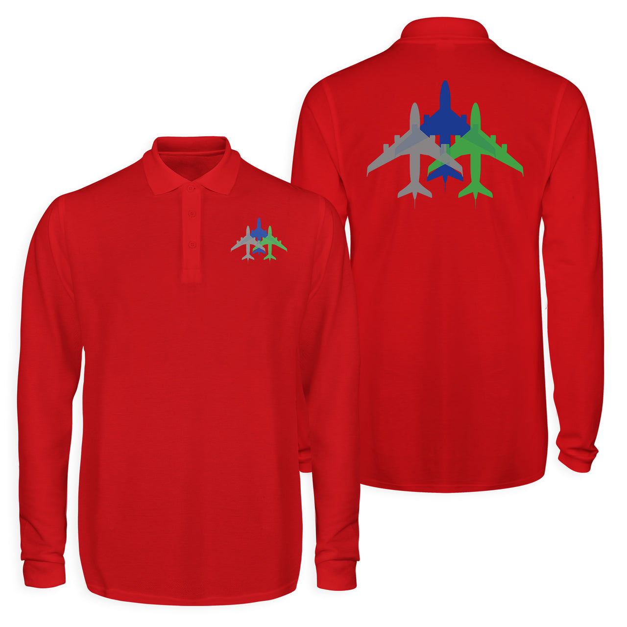 Colourful 3 Airplanes Designed Long Sleeve Polo T-Shirts (Double-Side)