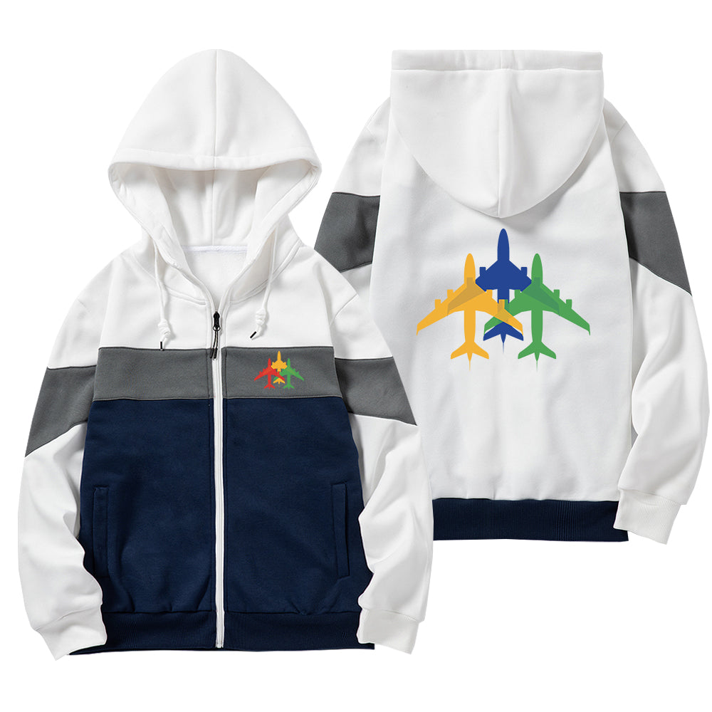 Colourful 3 Airplanes Designed Colourful Zipped Hoodies