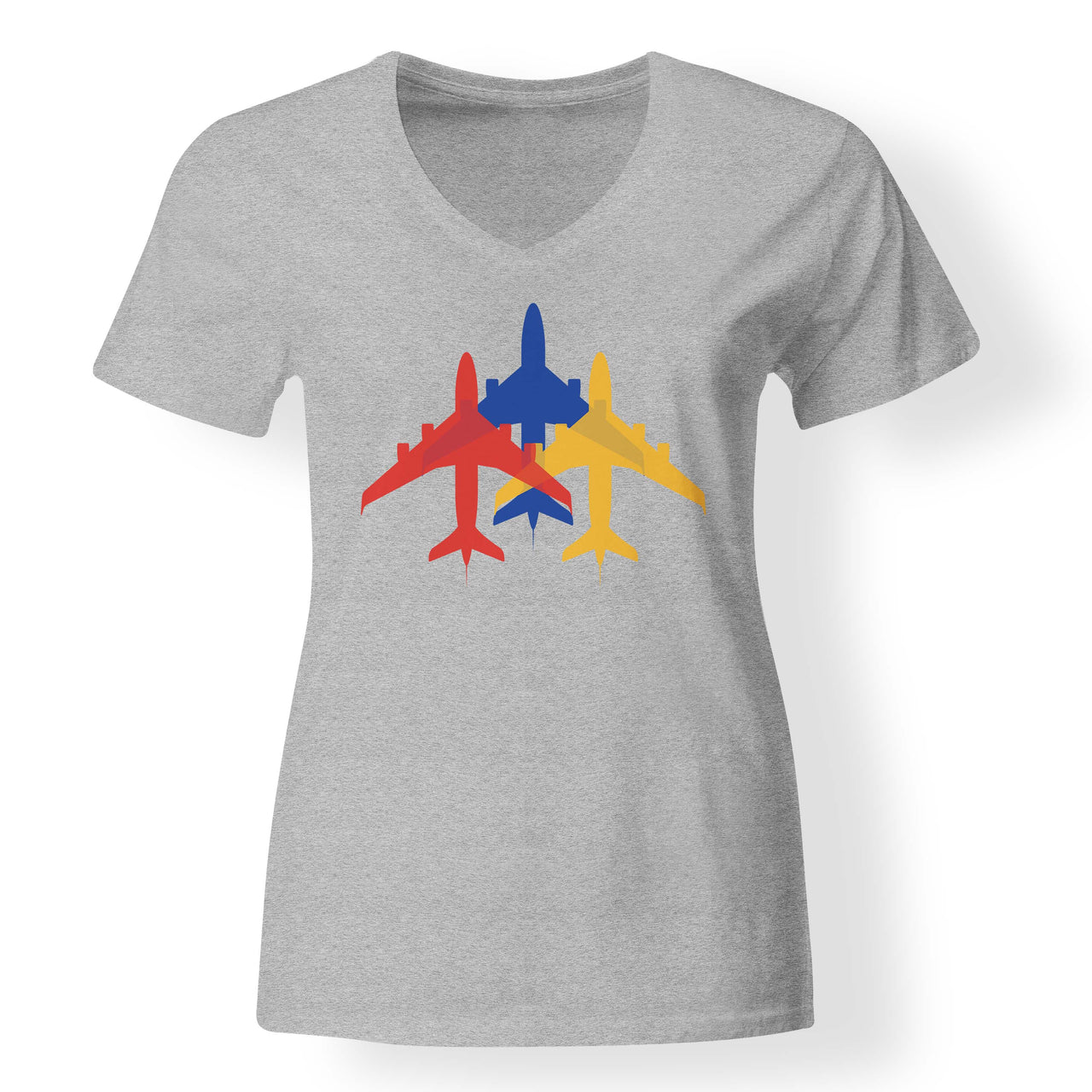Colourful 3 Airplanes Designed V-Neck T-Shirts