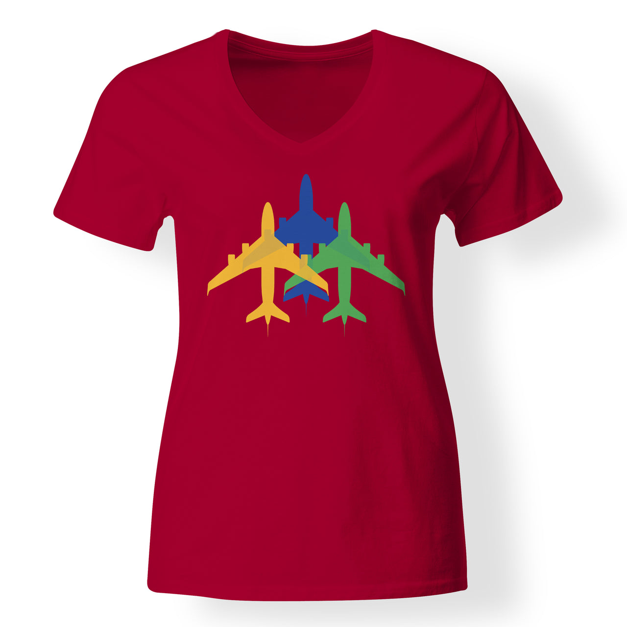 Colourful 3 Airplanes Designed V-Neck T-Shirts