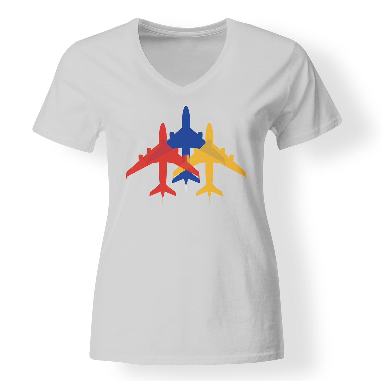Colourful 3 Airplanes Designed V-Neck T-Shirts