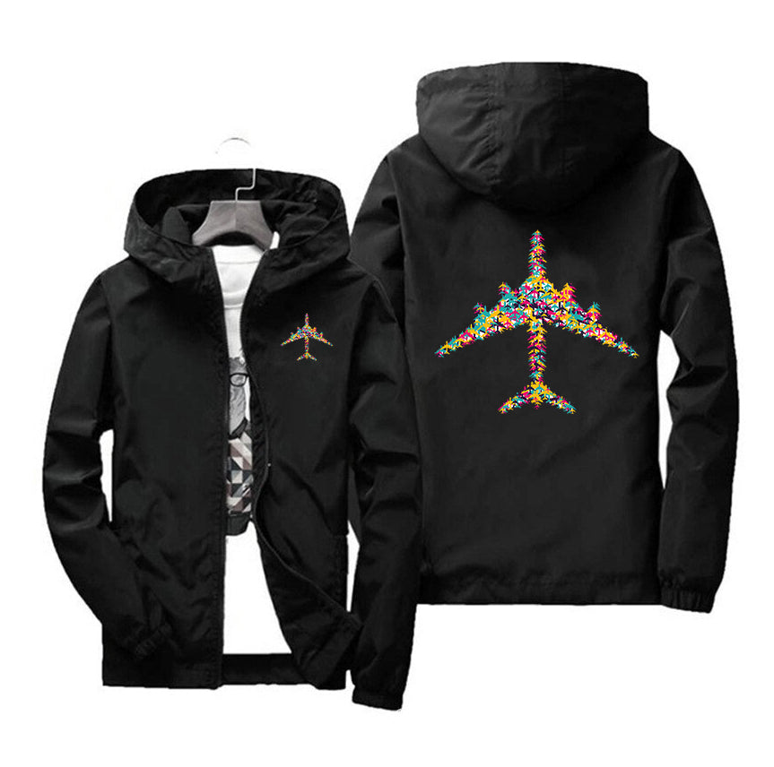 Colourful Airplane Designed Windbreaker Jackets