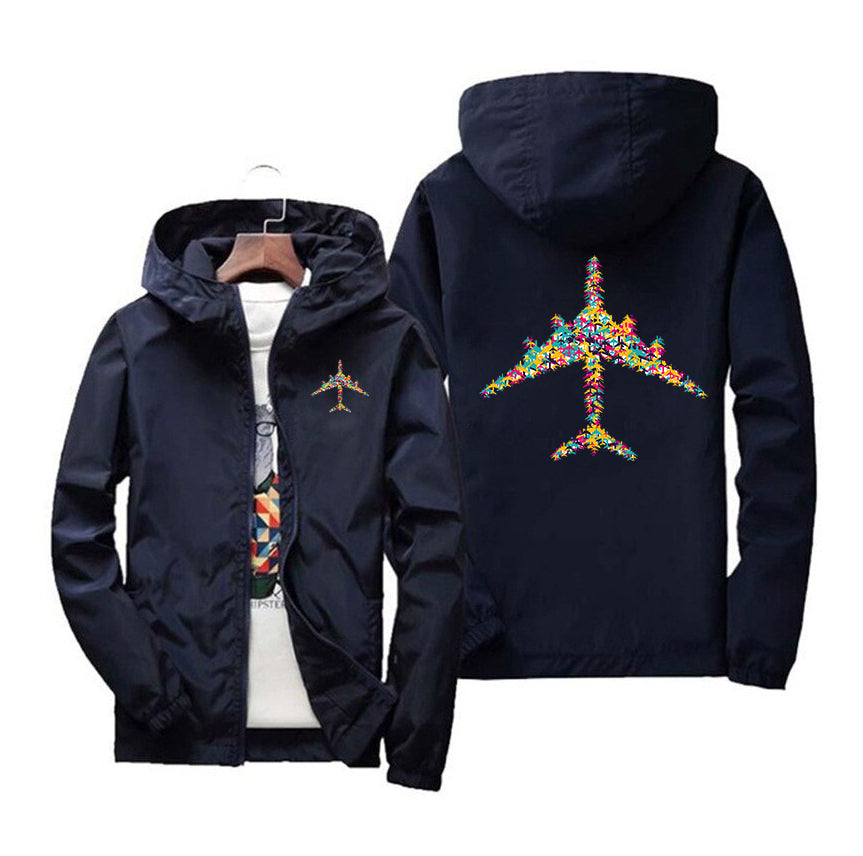 Colourful Airplane Designed Windbreaker Jackets