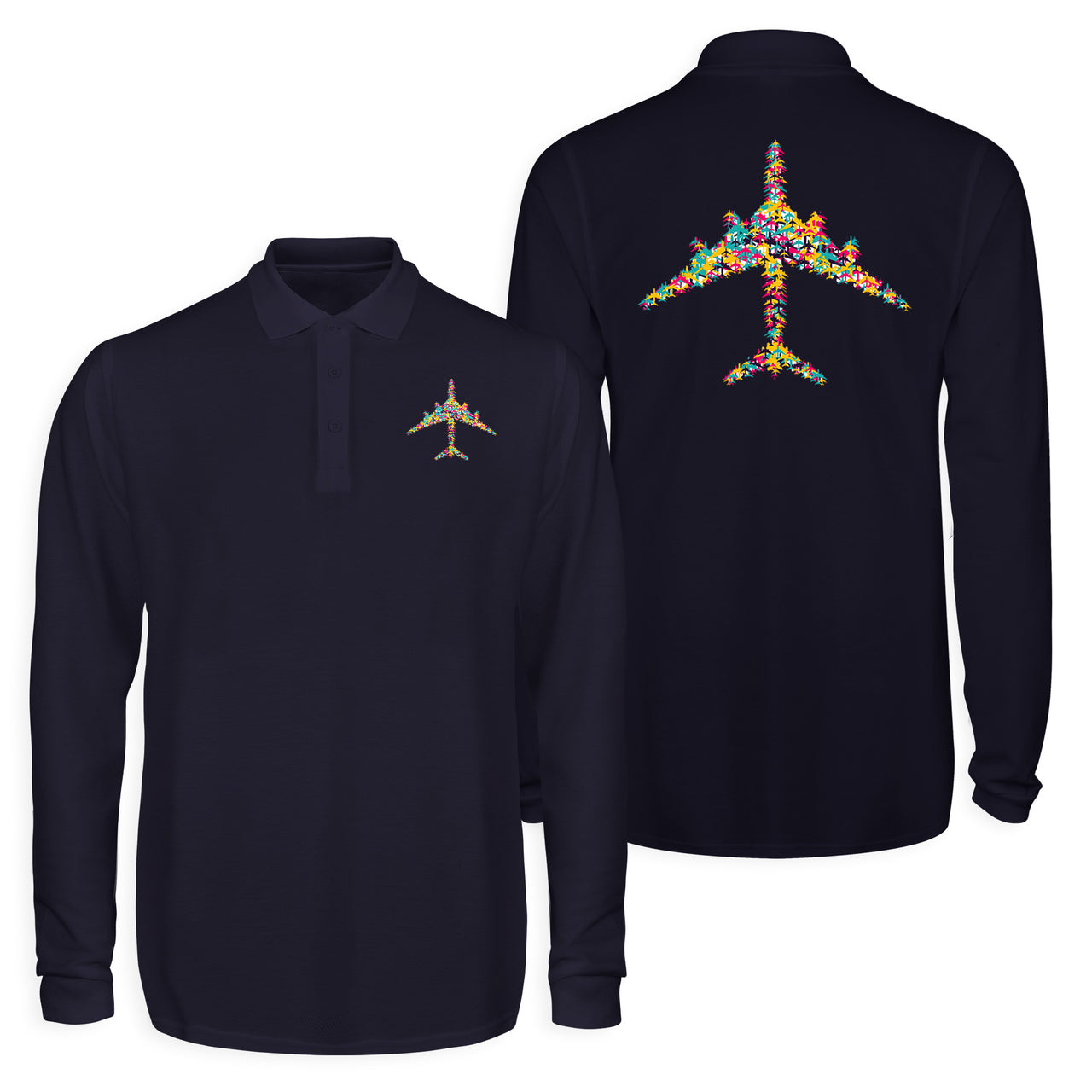 Colourful Airplane Designed Long Sleeve Polo T-Shirts (Double-Side)
