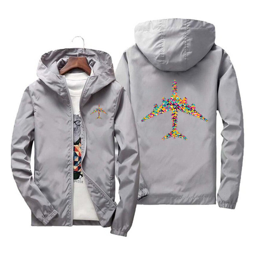 Colourful Airplane Designed Windbreaker Jackets