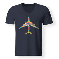 Thumbnail for Colourful Airplane Designed V-Neck T-Shirts