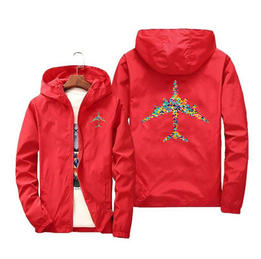 Colourful Airplane Designed Windbreaker Jackets