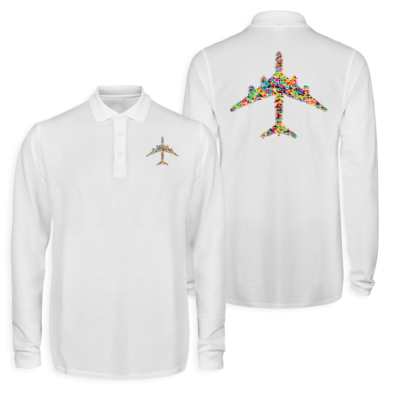 Colourful Airplane Designed Long Sleeve Polo T-Shirts (Double-Side)