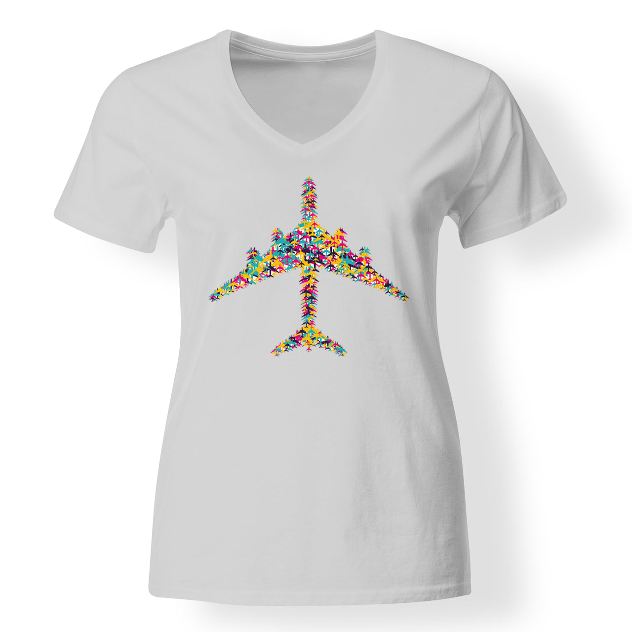 Colourful Airplane Designed V-Neck T-Shirts