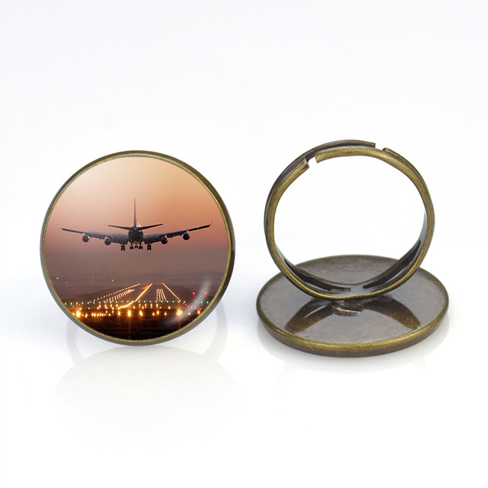 Landing Boeing 747 During Sunset Designed Rings