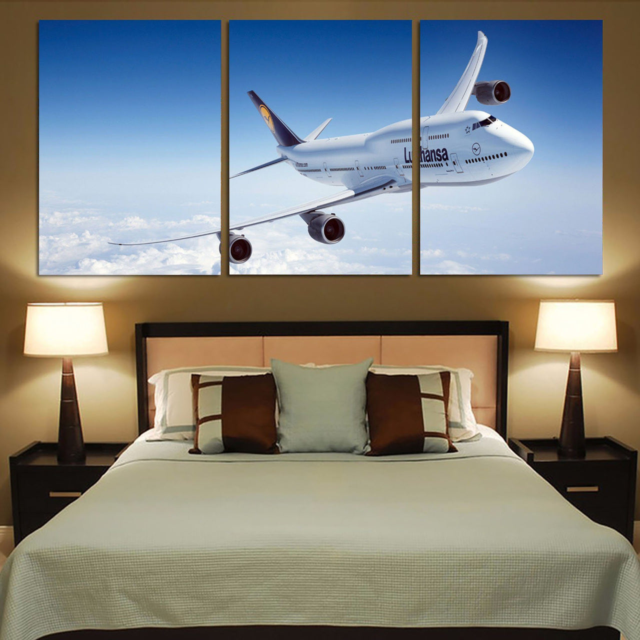 Cruising Lufthansa's Boeing 747 Printed Canvas Posters (3 Pieces) Aviation Shop 