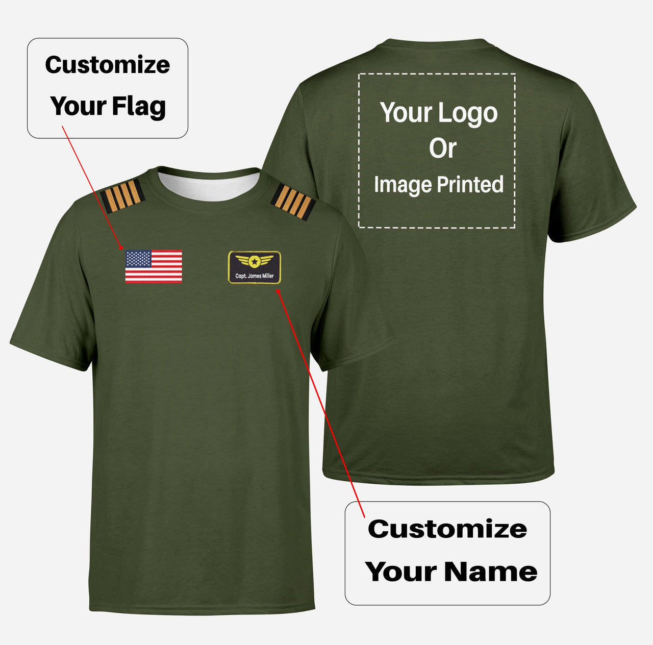 Custom Flag & Name & Logo (With Epaulettes) Designed T-Shirts