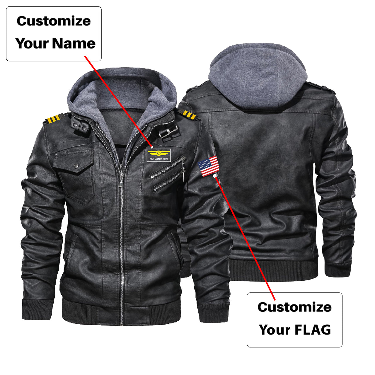 Custom Flag & Name with EPAULETTES "Badge 1" Designed Hooded Leather Jackets