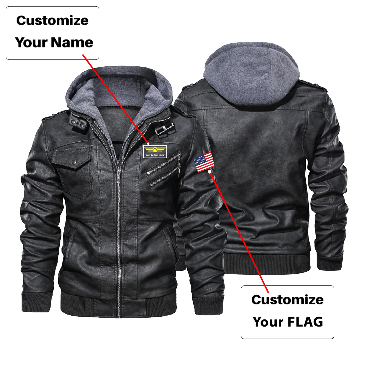Custom Flag & Name with "Badge 1" Designed Hooded Leather Jackets