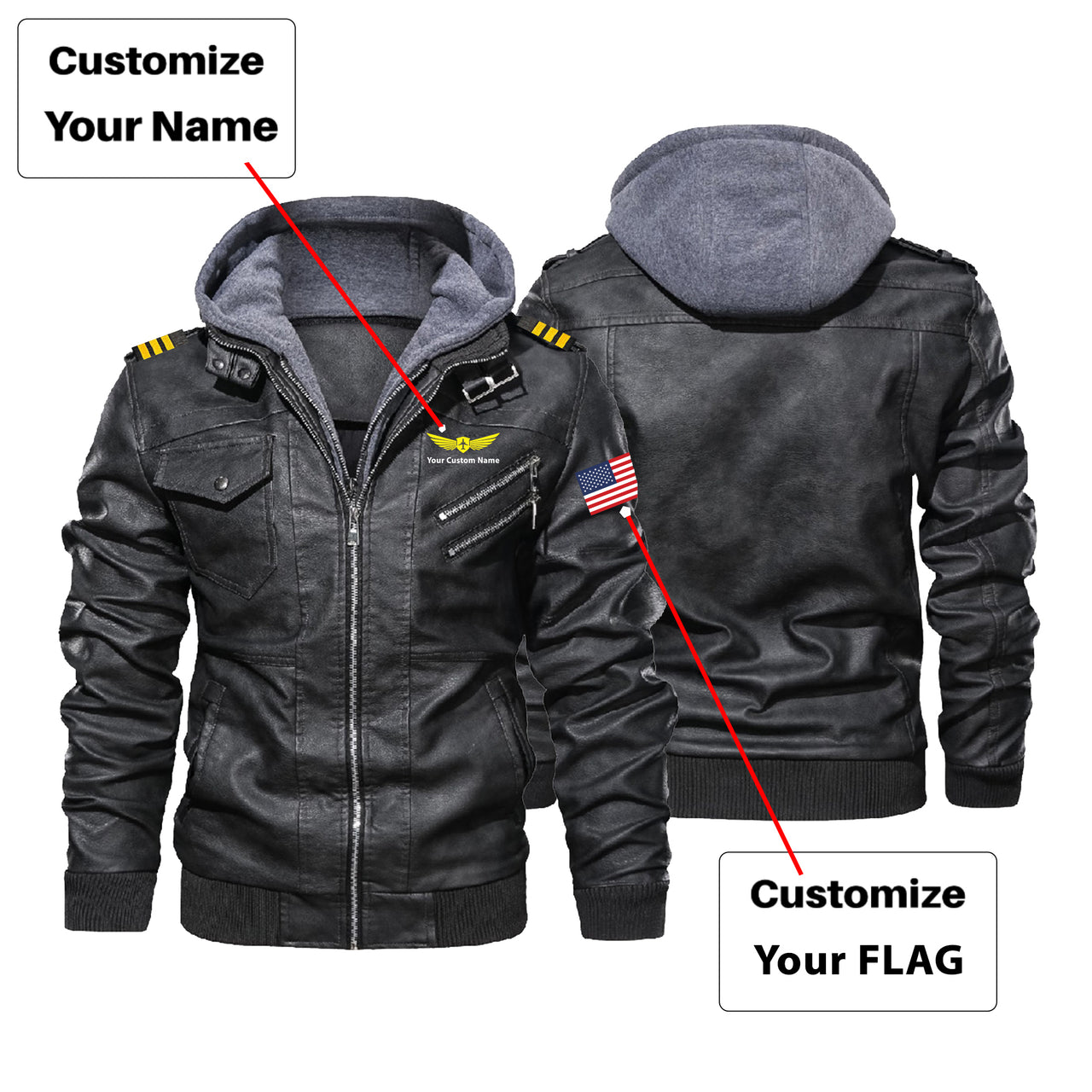 Custom Flag & Name with EPAULETTES "Badge 2" Designed Hooded Leather Jackets