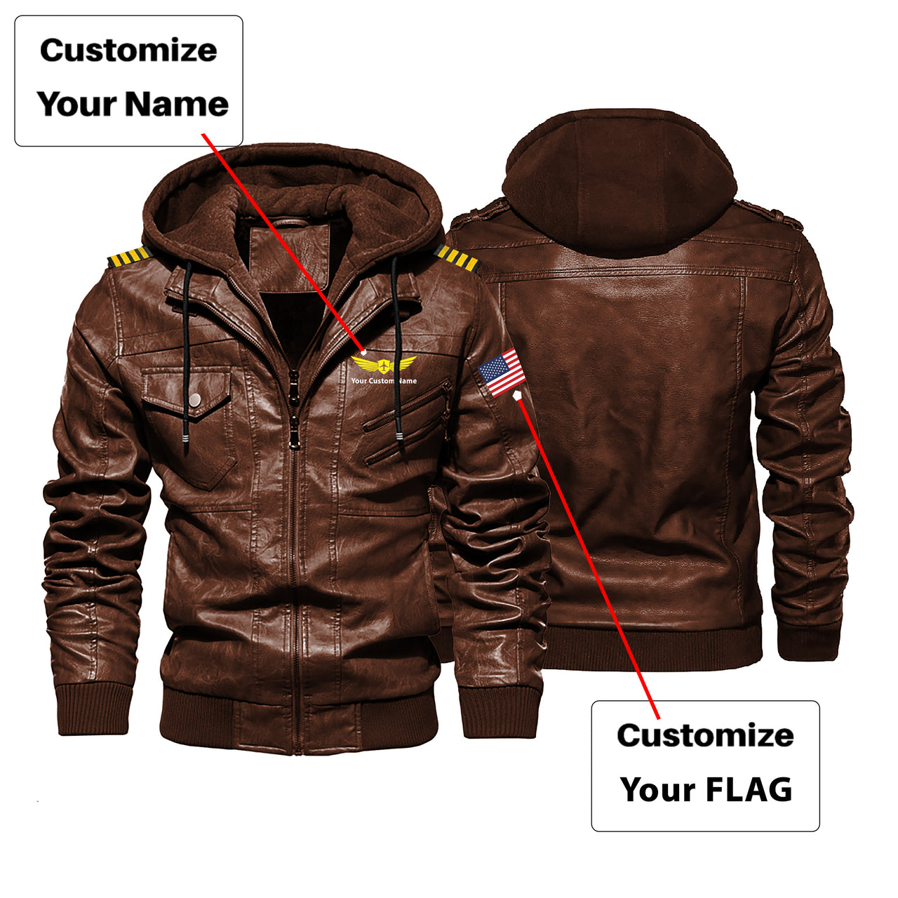 Custom Flag & Name with EPAULETTES "Badge 2" Designed Hooded Leather Jackets