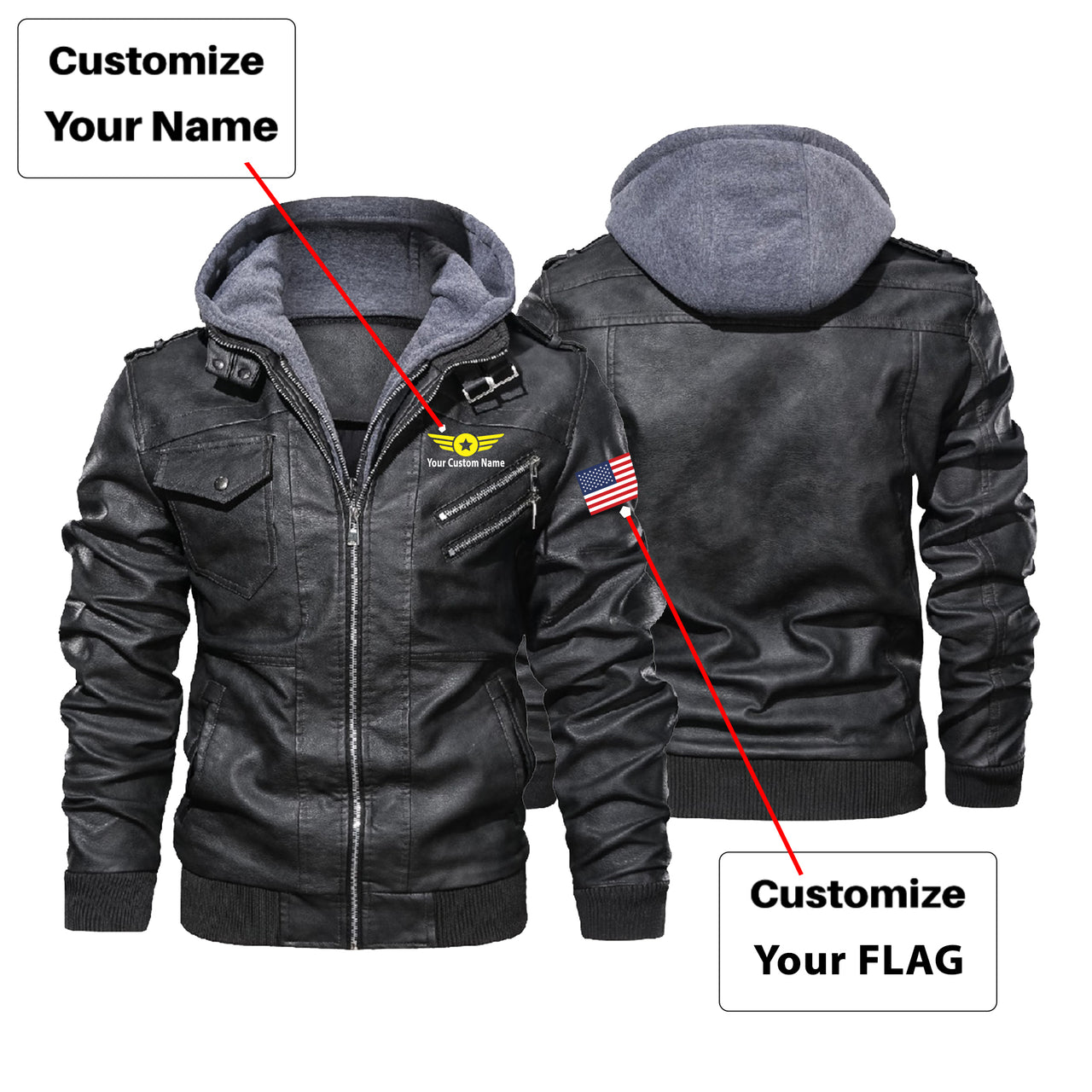 Custom Flag & Name with "Badge 4" Designed Hooded Leather Jackets