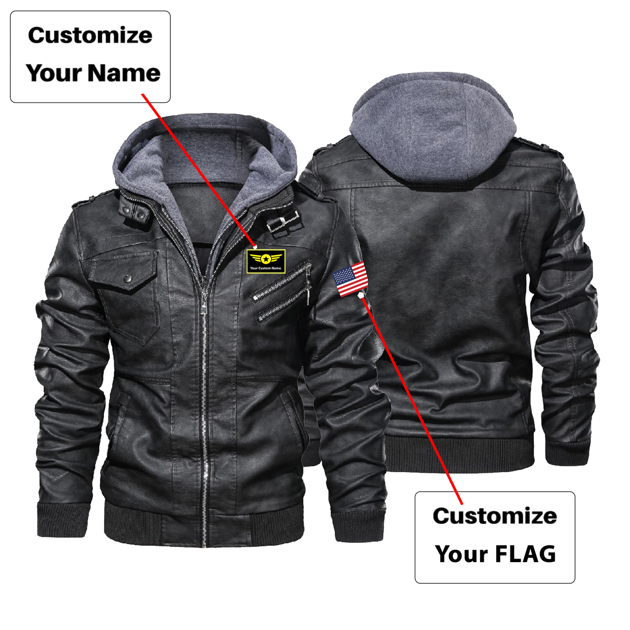 Custom Flag & Name with "Special Badge" Designed Hooded Leather Jackets