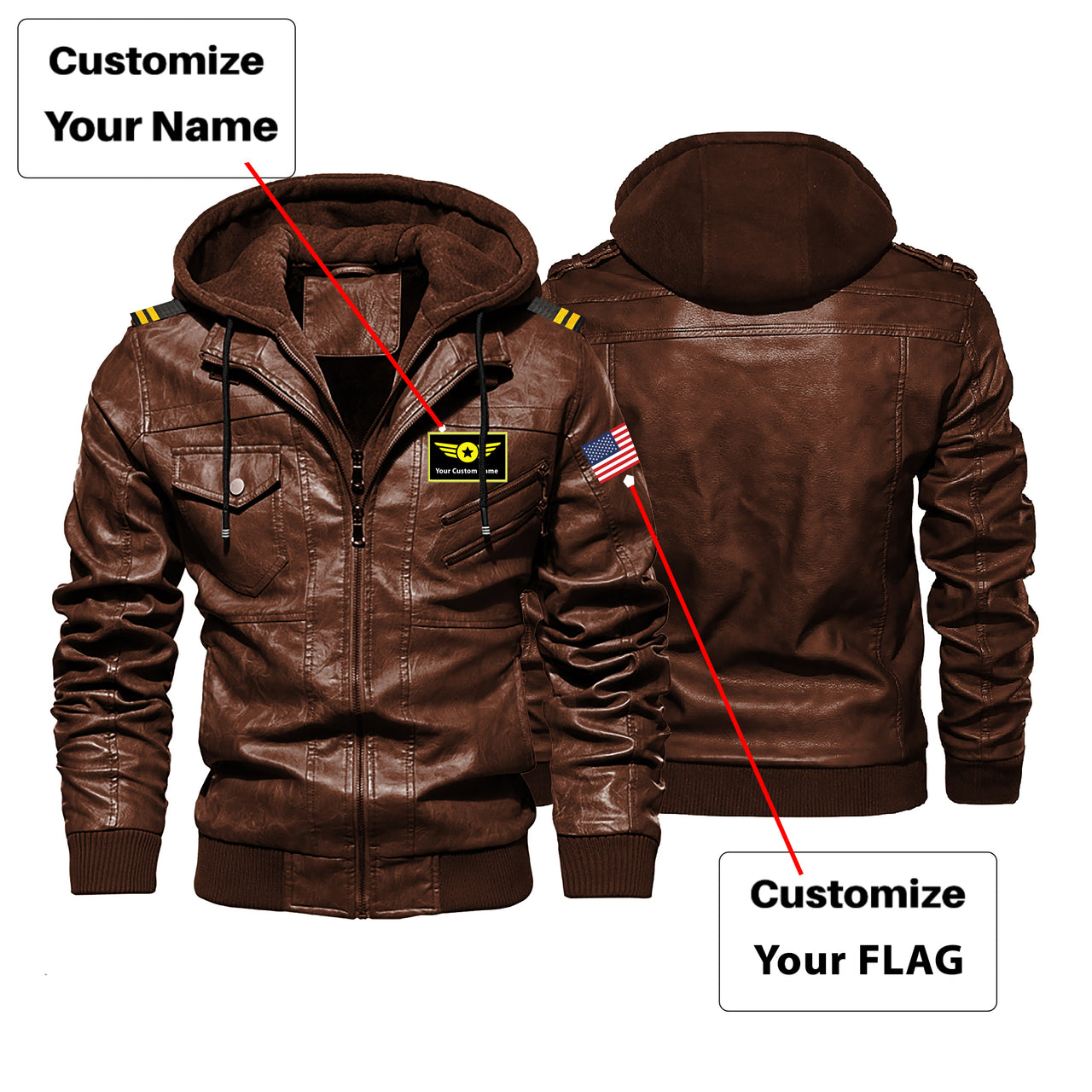Custom Flag & Name with EPAULETTES "Special Badge" Designed Hooded Leather Jackets
