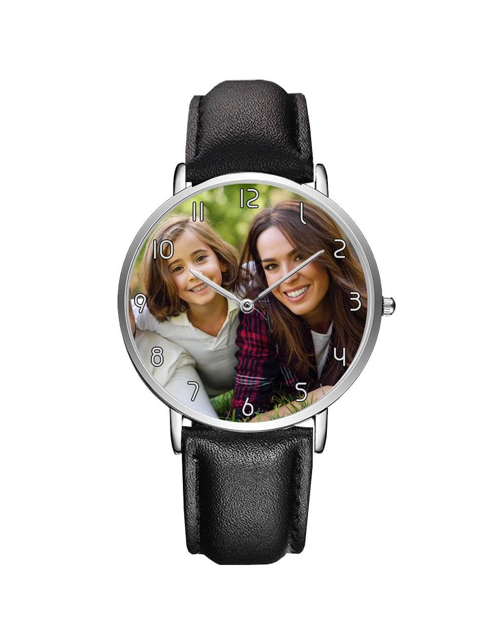 Your Custom Photo / Image Designed Leather Strap Watches Aviation Shop Silver & Black Leather Strap 