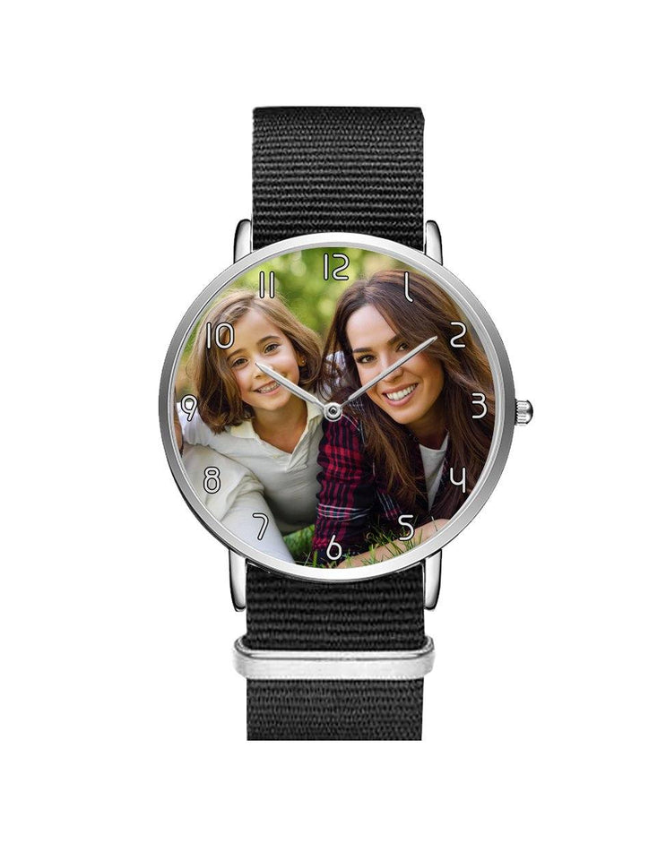 Your Custom Photo / Image Designed Leather Strap Watches Aviation Shop Silver & Black Nylon Strap 