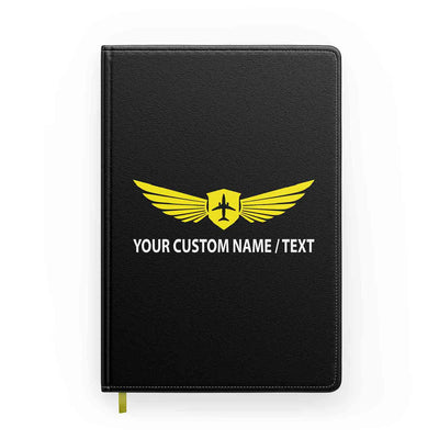 Customizable Badge (2) & Name aviation design on premium hardcover notebook.