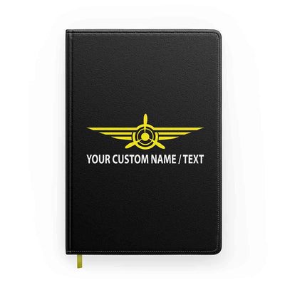 Customizable Badge (3) & Name aviation design on premium hardcover notebook.