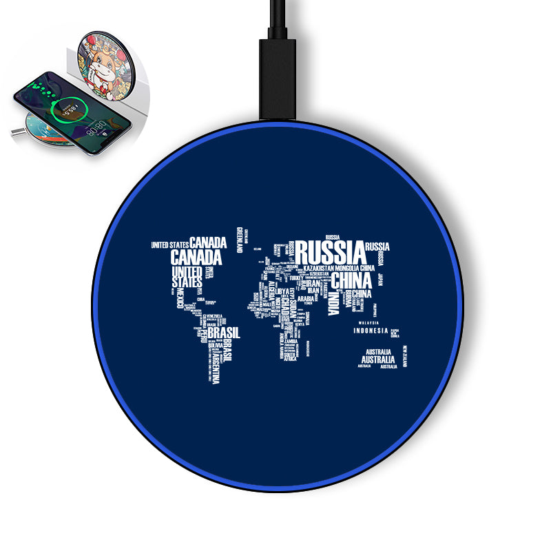 World Map (Text) Designed Wireless Chargers