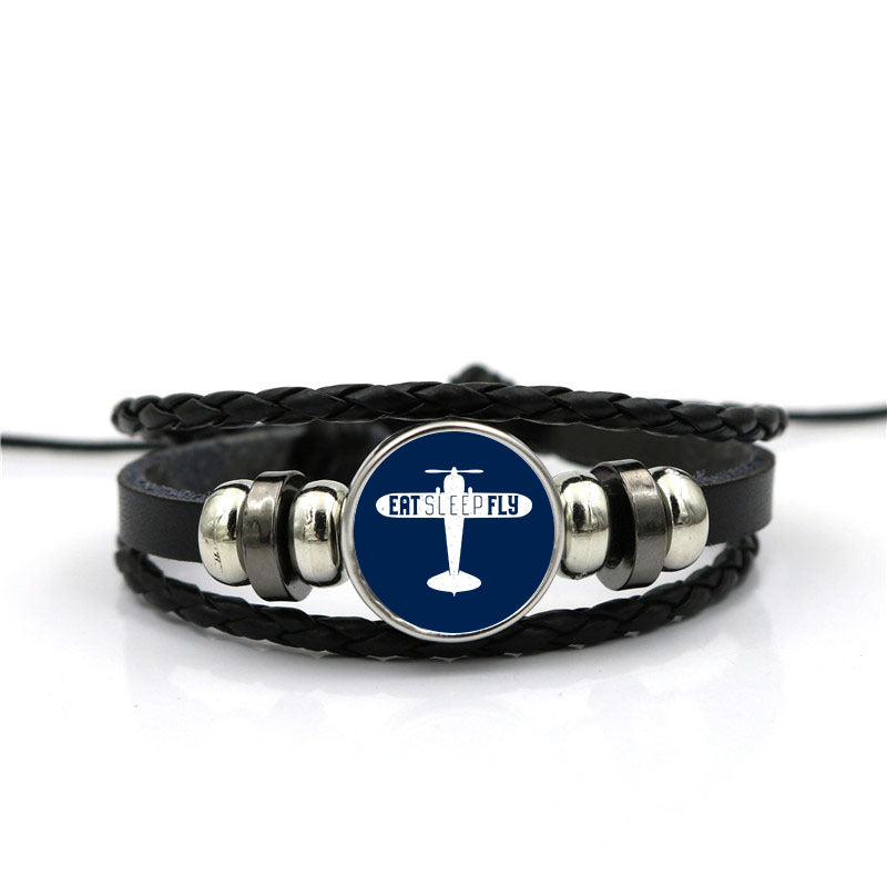 Eat Sleep Fly & Propeller Designed Leather Bracelets