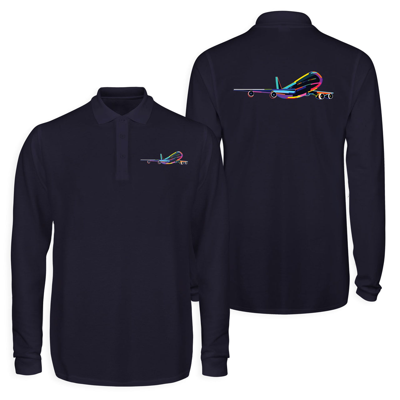 Multicolor Airplane Designed Long Sleeve Polo T-Shirts (Double-Side)