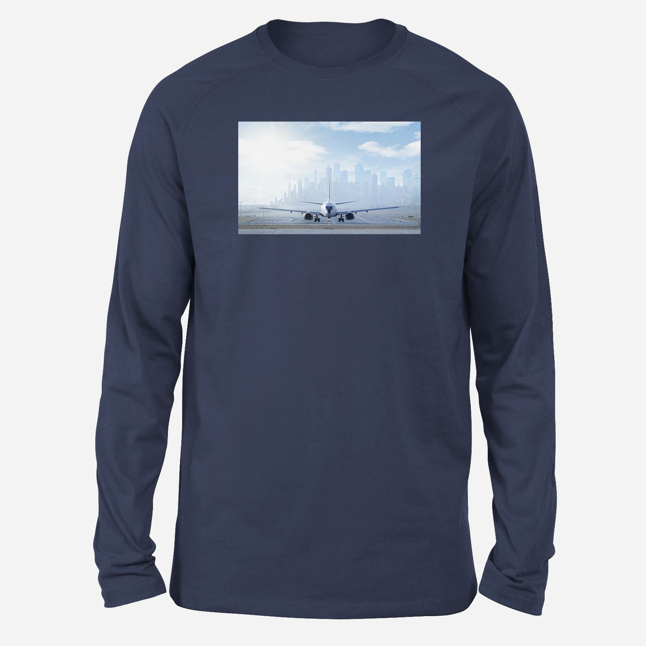 Boeing 737 & City View Behind Designed Long-Sleeve T-Shirts