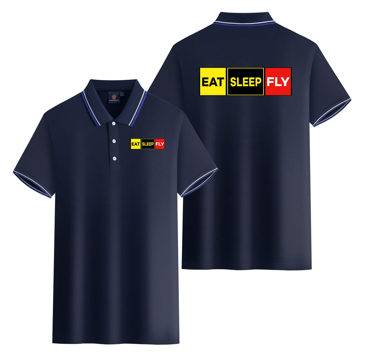 Eat Sleep Fly (Colourful) Designed Stylish Polo T-Shirts (Double-Side)