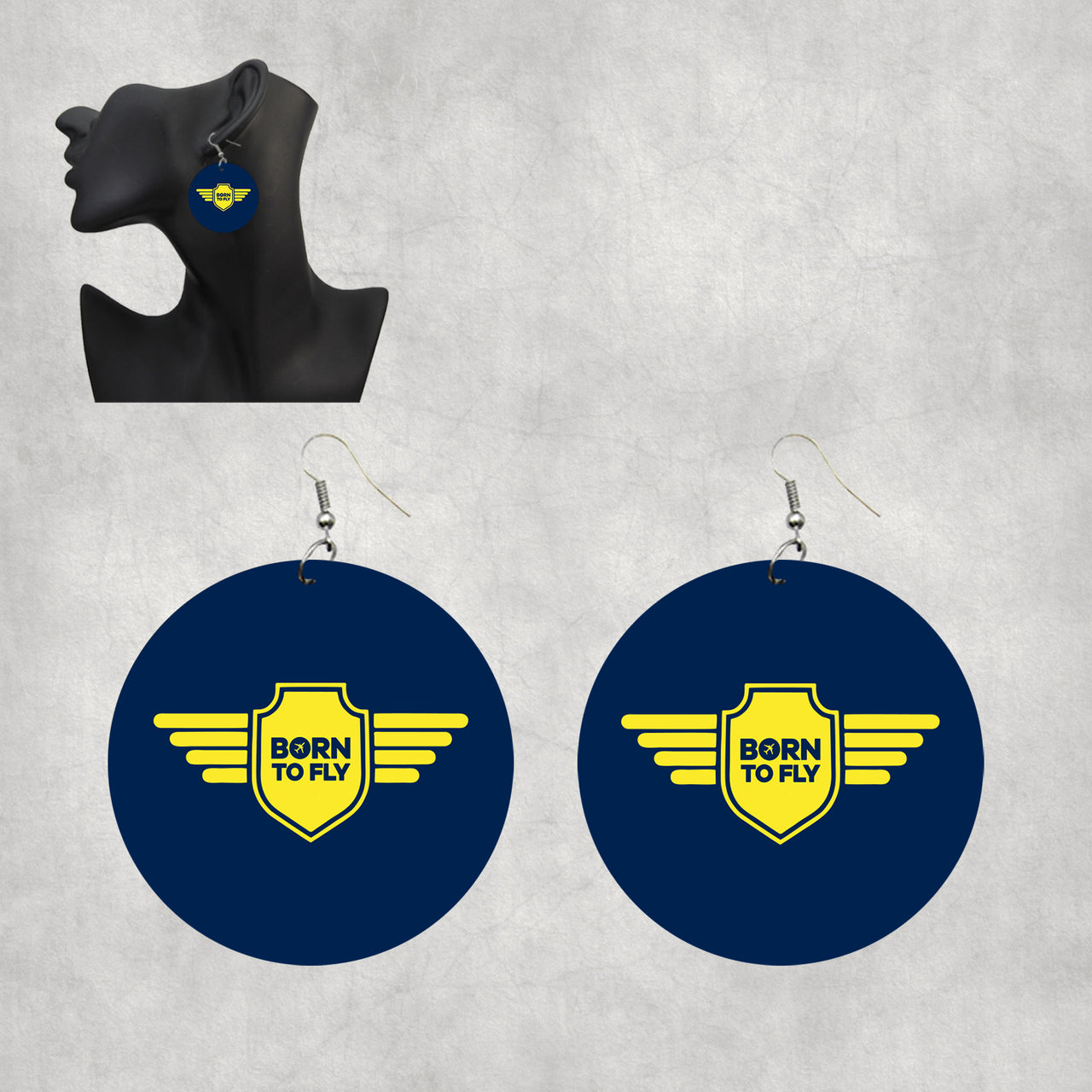 Born To Fly & Badge Designed Wooden Drop Earrings
