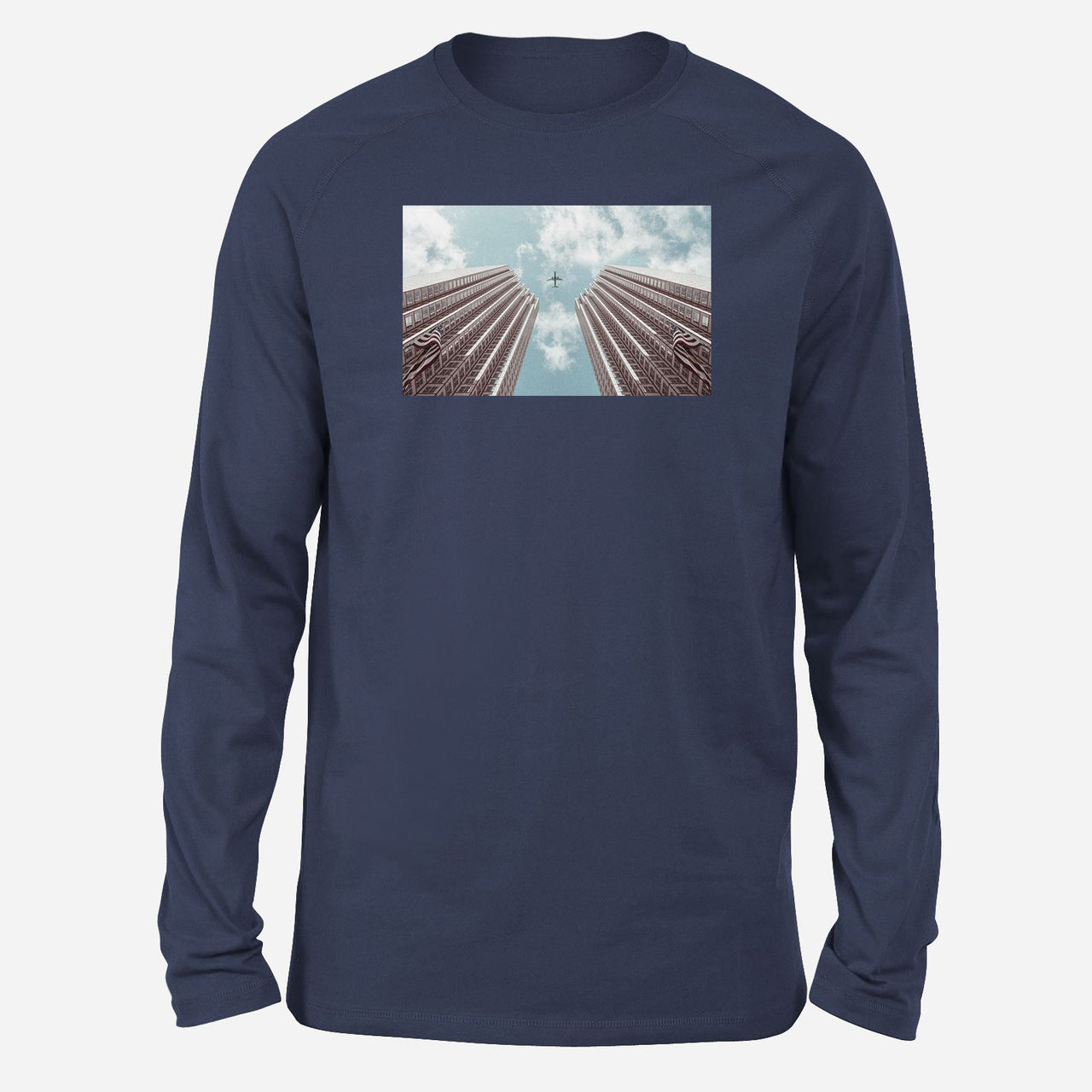 Airplane Flying over Big Buildings Designed Long-Sleeve T-Shirts