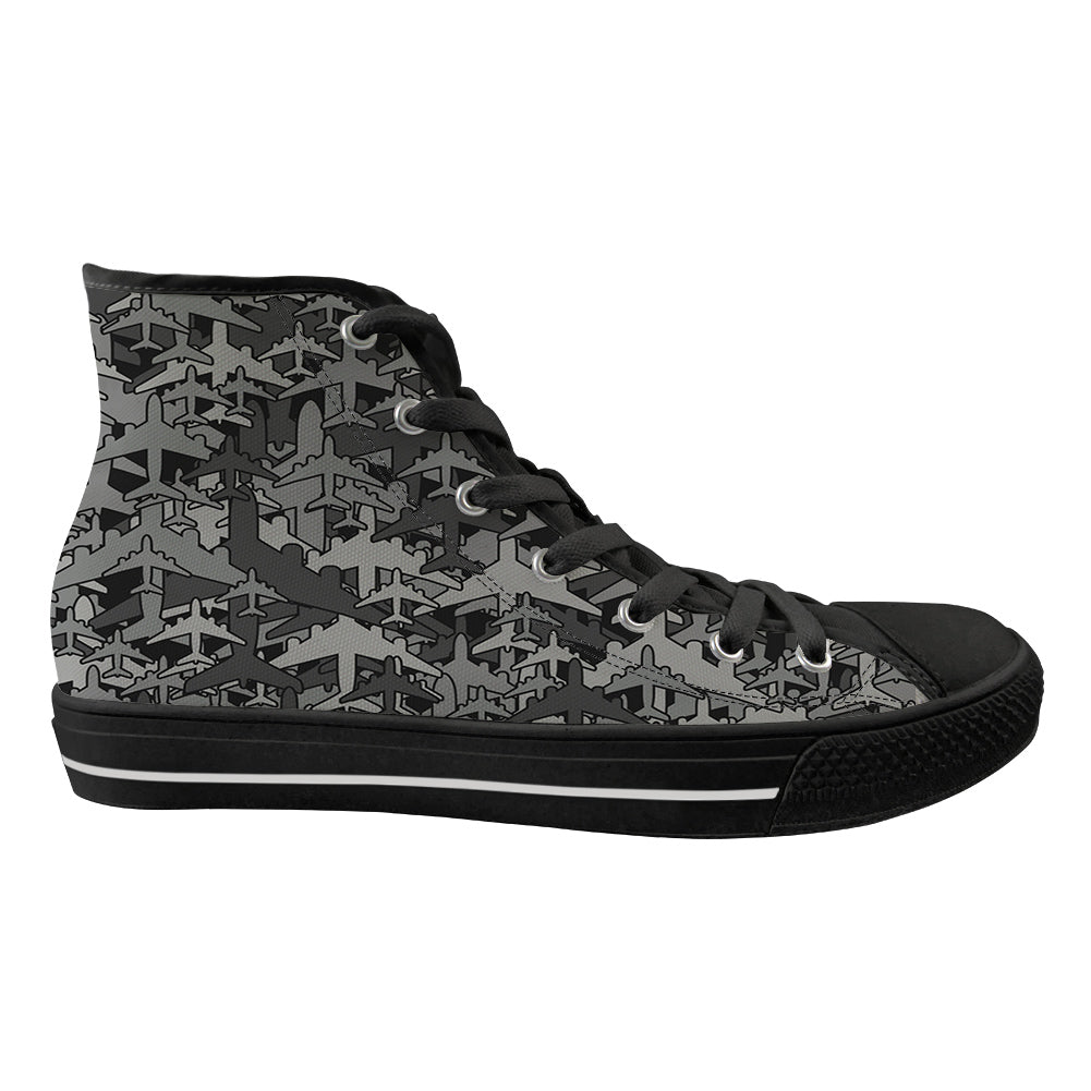 Dark Coloured Airplanes Designed Long Canvas Shoes (Men)