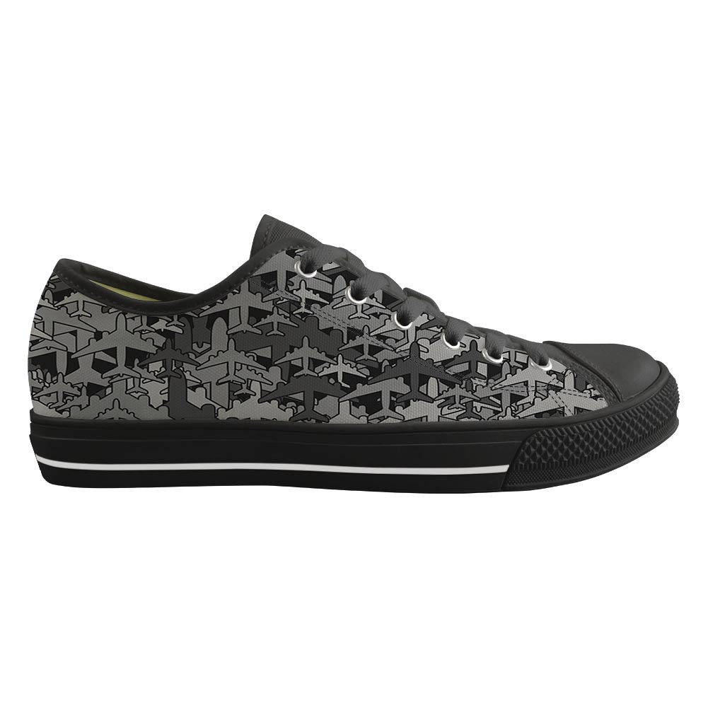 Dark Coloured Airplanes Designed Canvas Shoes (Women)