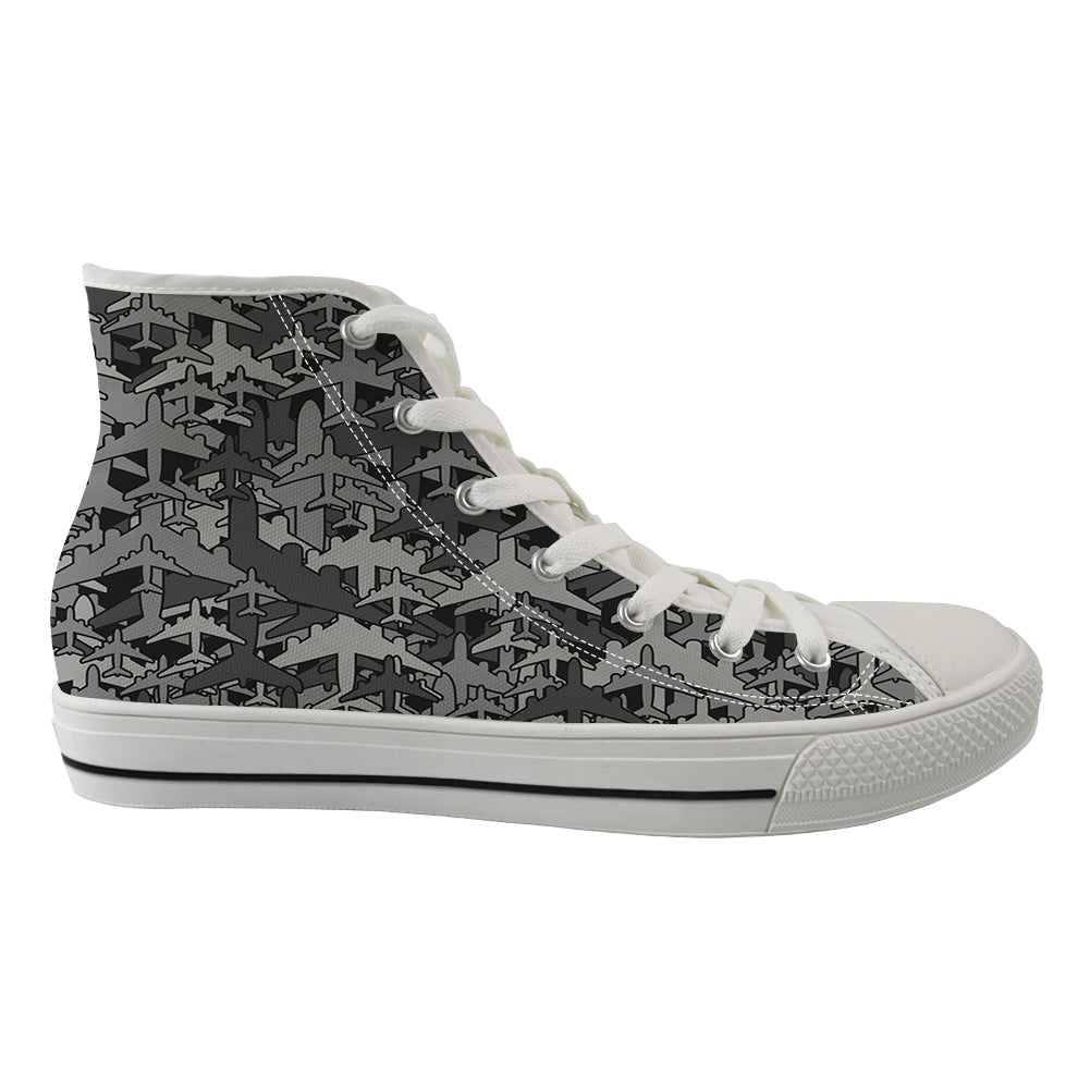 Dark Coloured Airplanes Designed Long Canvas Shoes (Women)