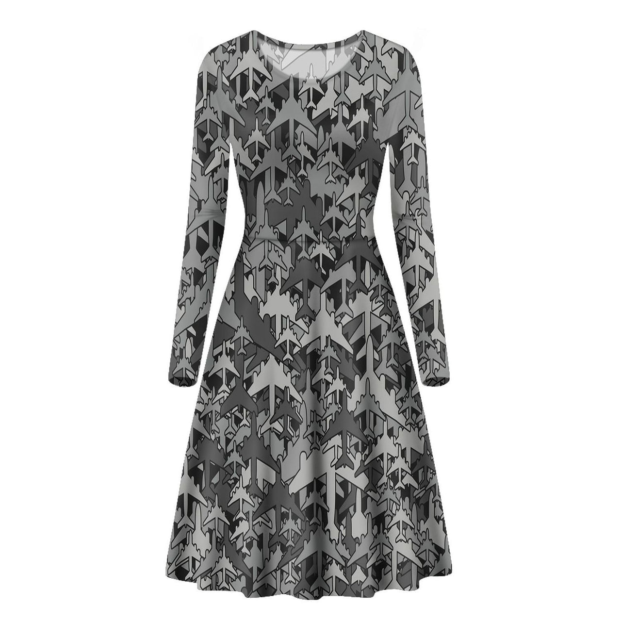 Dark Coloured Airplanes Designed Long Sleeve Women Midi Dress