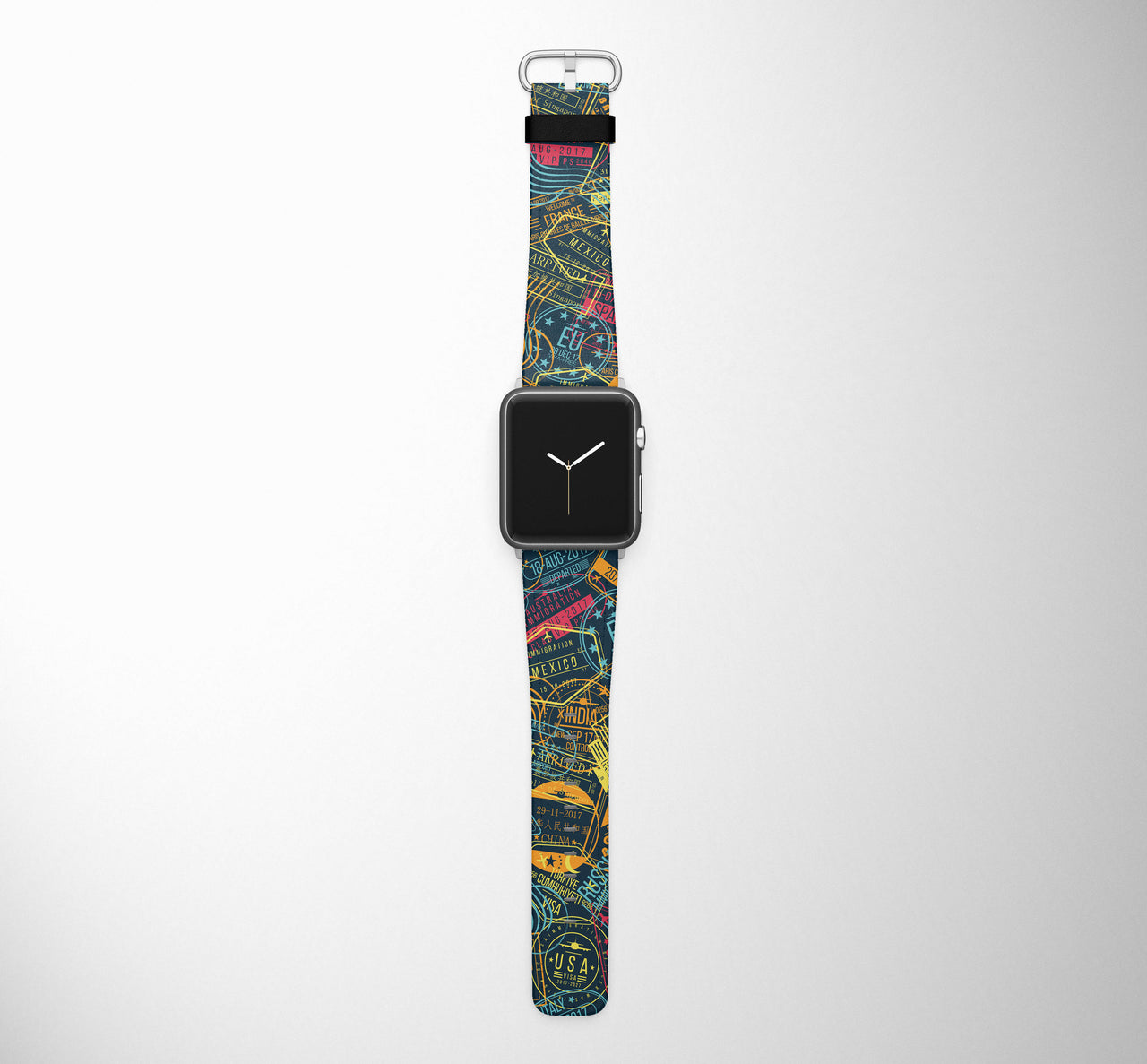 Dark Coloured Passport Stamps Designed Leather Apple Watch Straps