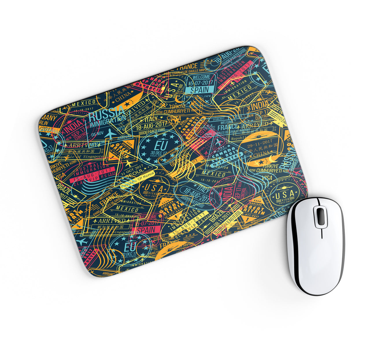Dark Coloured Passport Stamps Designed Mouse Pads