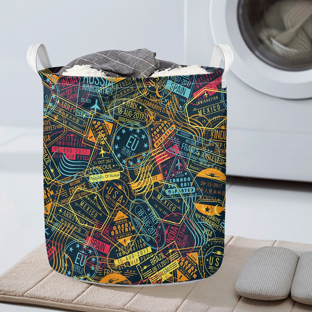 Dark Coloured Passport Stamps Designed Laundry Baskets