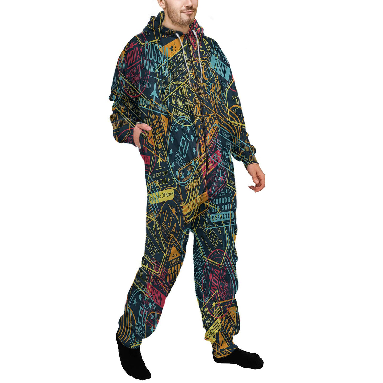 Dark Coloured Passport Stamps Designed Jumpsuit for Men & Women