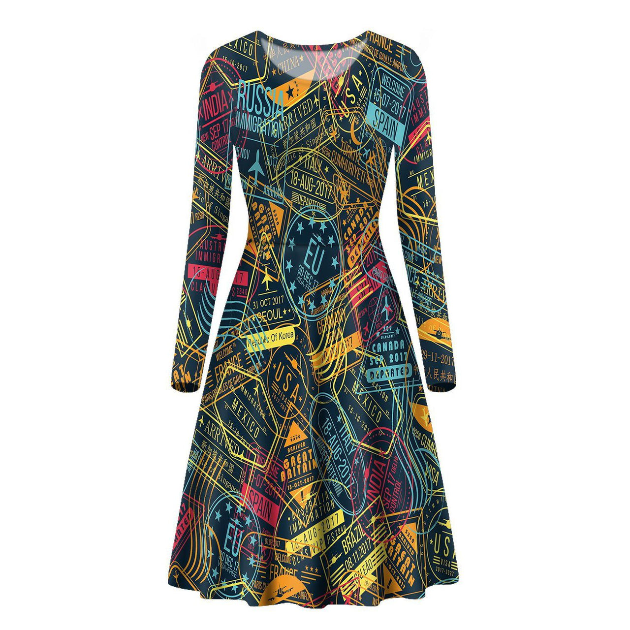 Dark Coloured Passport Stamps Designed Long Sleeve Women Midi Dress